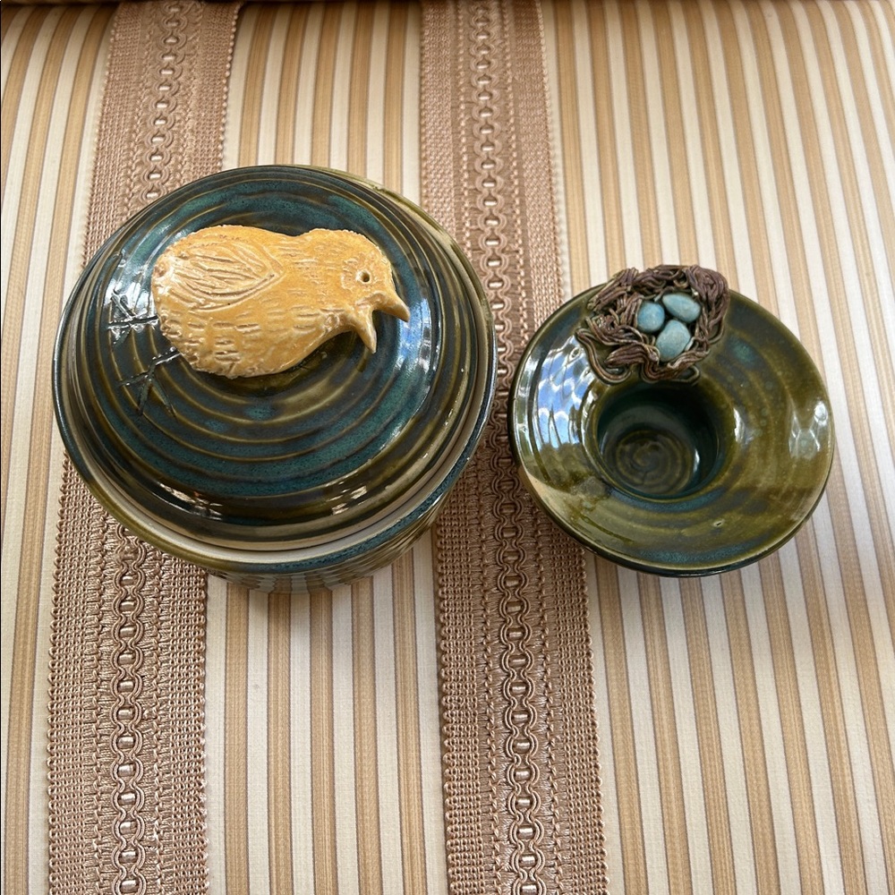 Handcrafted Green/Yellow Ceramic Chick and Nest Cannister Set